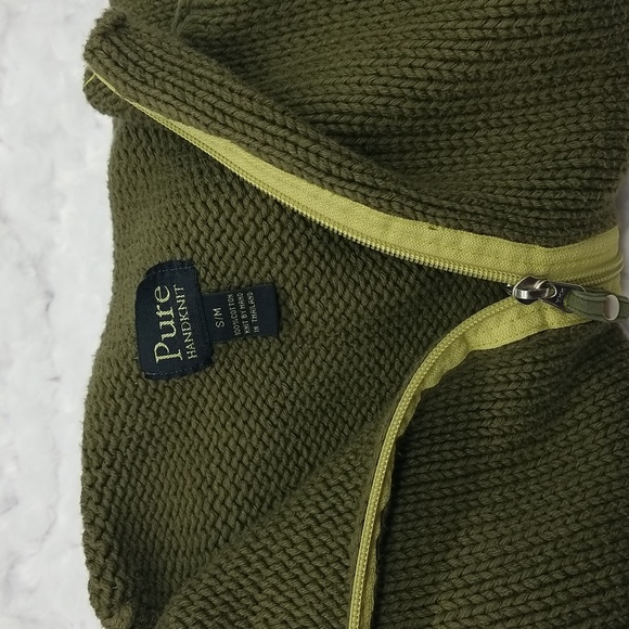 Pure Handknit Small/Medium Olive Green 100% Cotton Long Sleeve Zipper Sweater - Picture 6 of 9